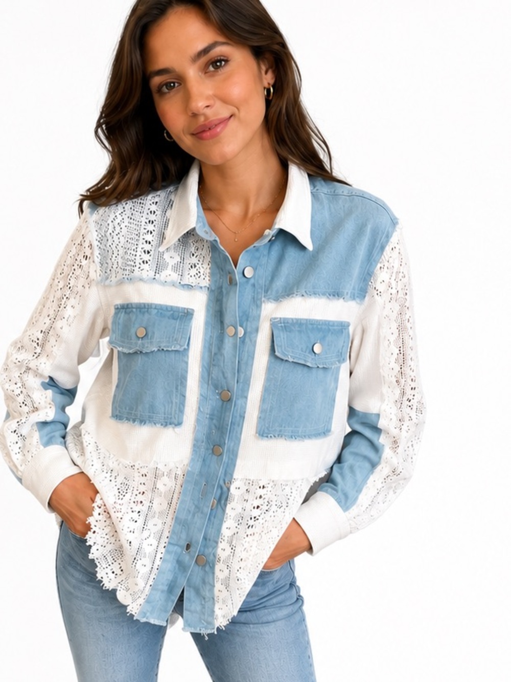 87H.New light denim  White Lace crochet  Panel Button-Up Shirt